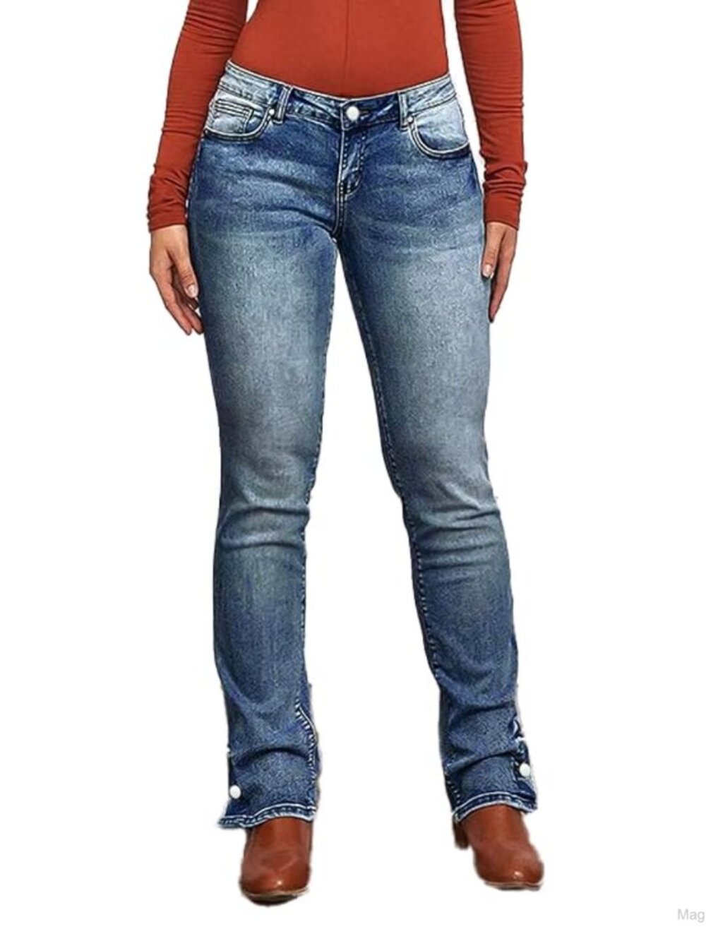 Women's Classic Bootcut Jeans Stretch Denim Button Hem Detail